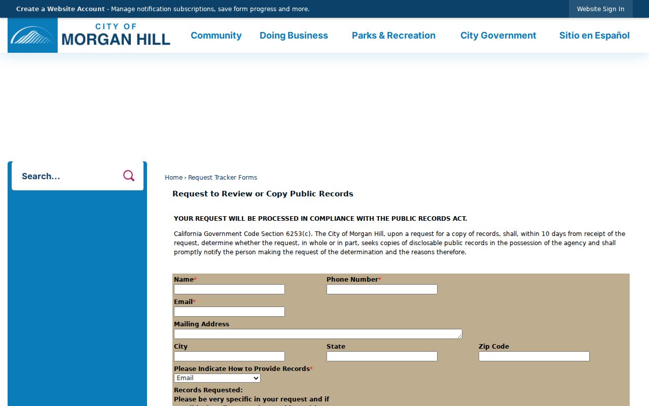Morgan Hill residents directory view of the city records request form
