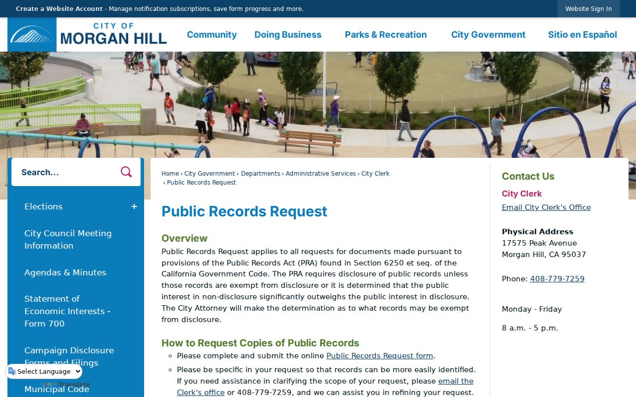 Morgan Hill residents directory view of Morgan Hill public records request instructions