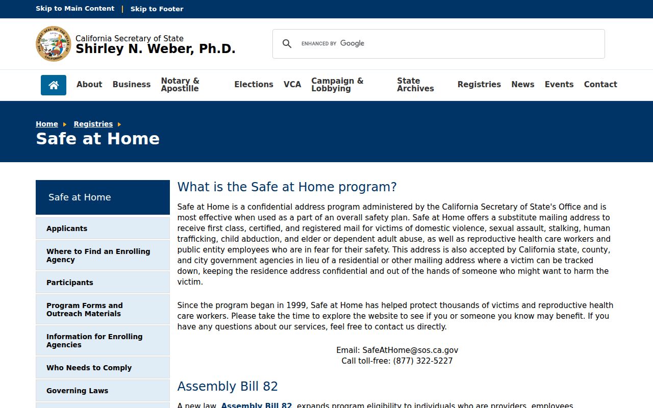 Morgan Hill residents directory view of California Safe at Home confidentiality information