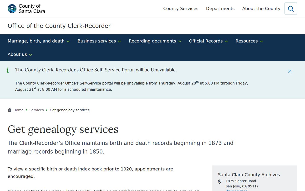 Morgan Hill previous residents view of Santa Clara County genealogy services