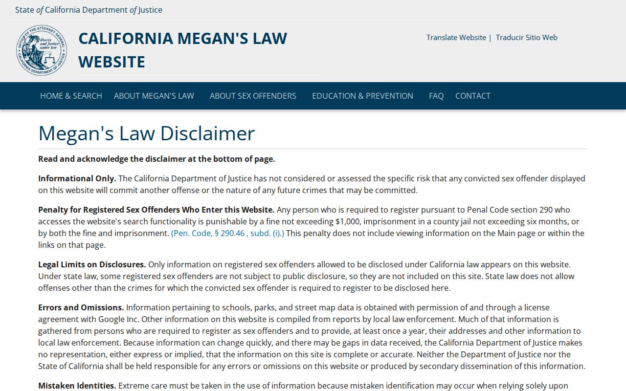 Morgan Hill resident lookup view of the California Megan's Law registry