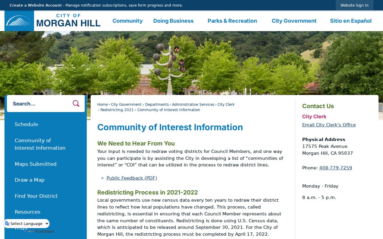 Morgan Hill street directory view of community of interest information