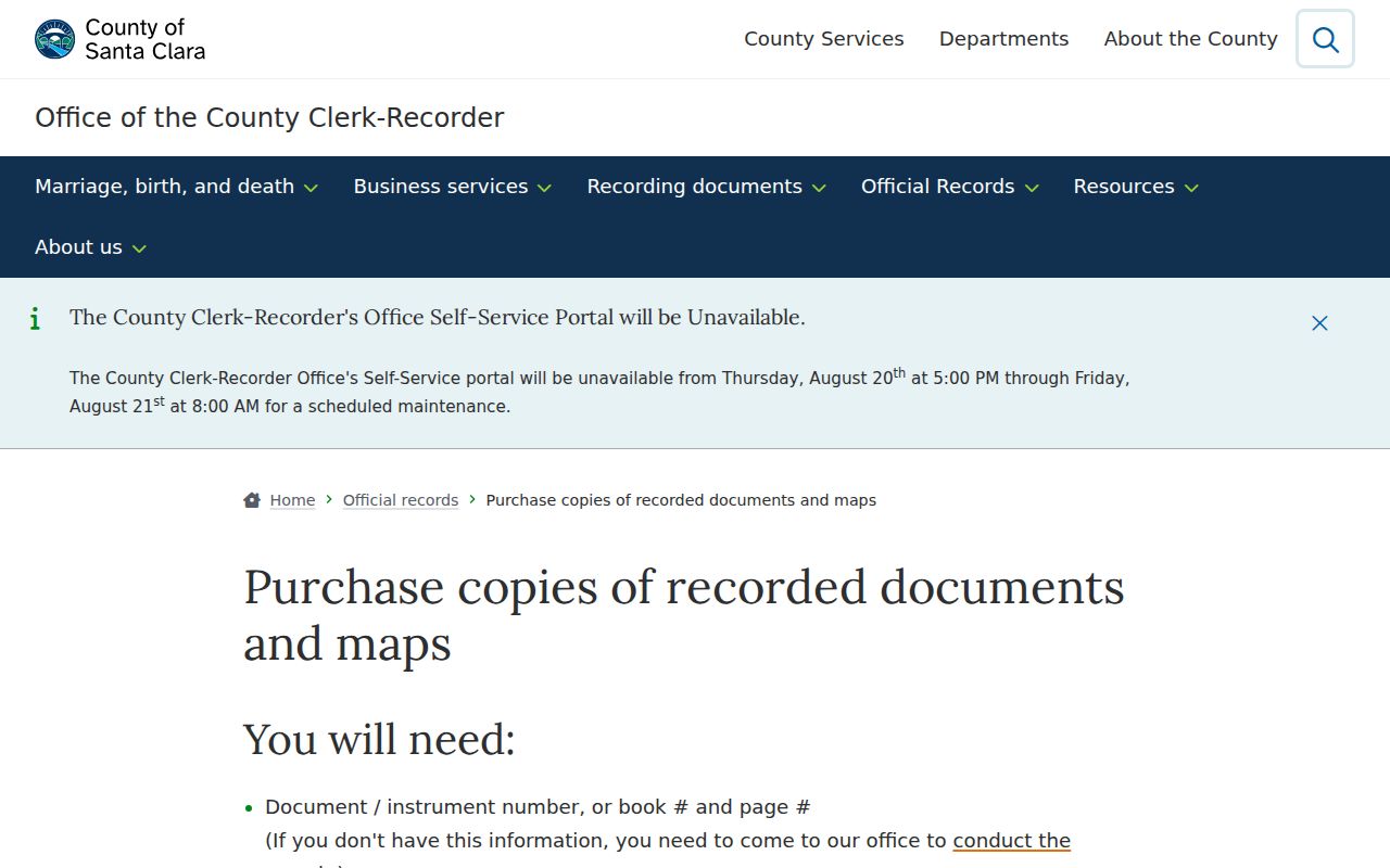 Morgan Hill street directory view of recorded document copy options